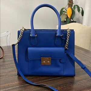 Michael Kors Royal Blue Saffiano Leather Satchel with Gold Hardware